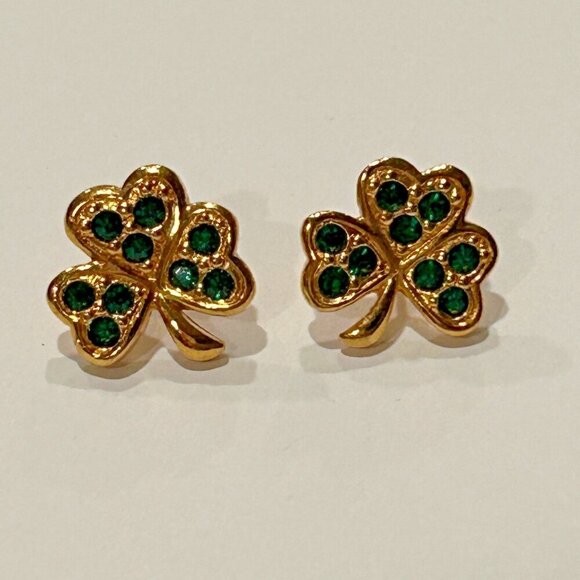 Avon Gold Green Rhinestone Clover Earrings Leaf Shape Set St. Patrick's Day - Picture 1 of 6